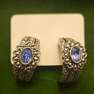 AVON Silver-Tone Blue Stone Floral Hoop Earrings